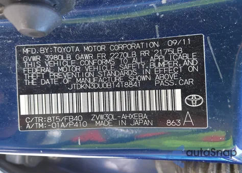 2011 Toyota Prius Two z USA, uszkodzony, nr VIN JTDKN3DU0B1418841